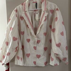 Anthropologie Cream Blouse with Red Pattern